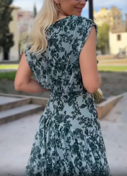 Blue Romantic Garden Print Flowy Tiered Midi Dress