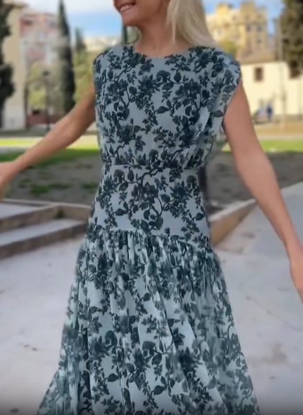 Blue Romantic Garden Print Flowy Tiered Midi Dress