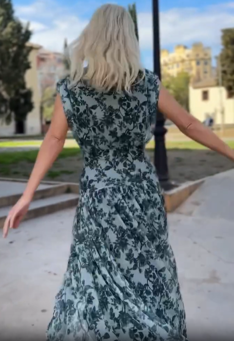 Blue Romantic Garden Print Flowy Tiered Midi Dress