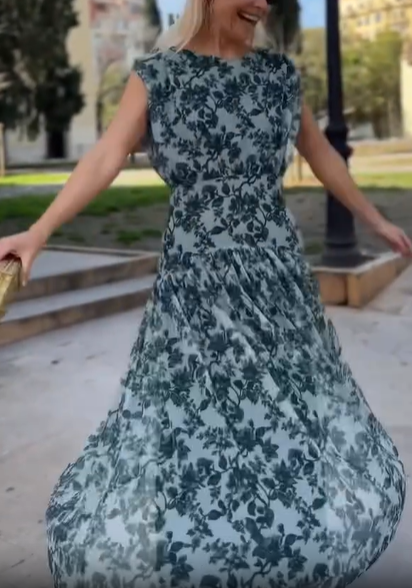 Blue Romantic Garden Print Flowy Tiered Midi Dress