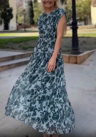 Blue Romantic Garden Print Flowy Tiered Midi Dress
