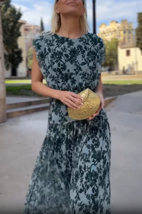 Blue Romantic Garden Print Flowy Tiered Midi Dress