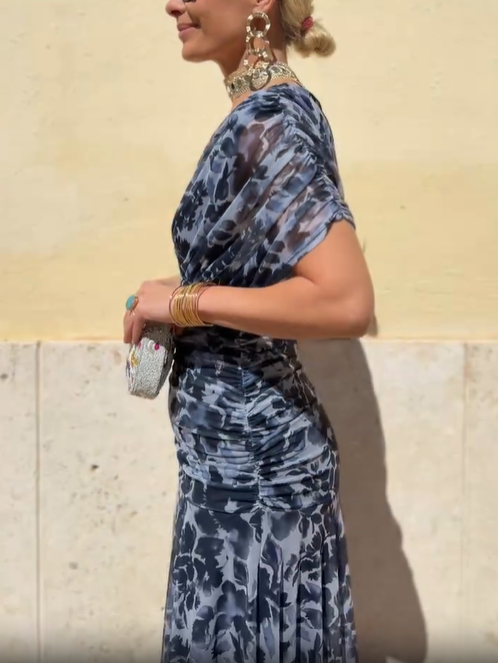 Navy Blue Draped Puff Sleeve Abstract Floral Chiffon Mermaid Maxi Dress
