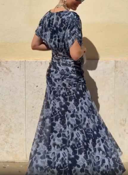 Navy Blue Draped Puff Sleeve Abstract Floral Chiffon Mermaid Maxi Dress