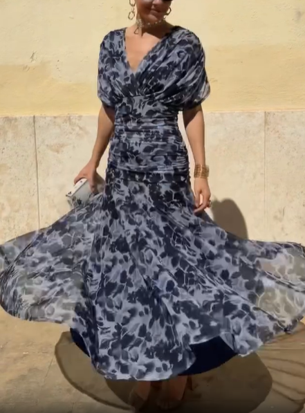 Navy Blue Draped Puff Sleeve Abstract Floral Chiffon Mermaid Maxi Dress