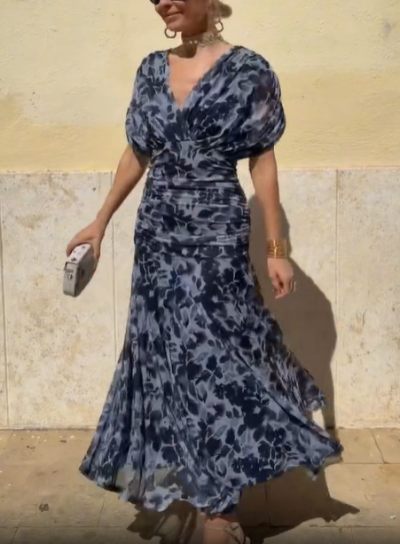 Navy Blue Draped Puff Sleeve Abstract Floral Chiffon Mermaid Maxi Dress