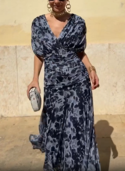 Navy Blue Draped Puff Sleeve Abstract Floral Chiffon Mermaid Maxi Dress