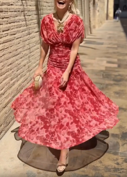 Navy Blue Draped Puff Sleeve Abstract Floral Chiffon Mermaid Maxi Dress