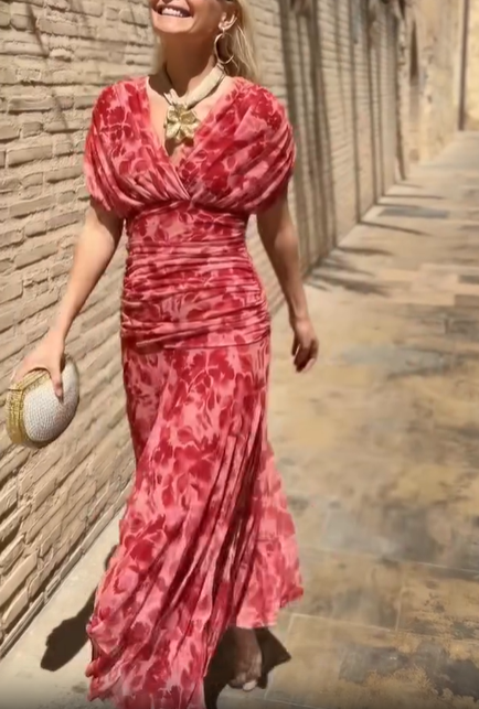 Navy Blue Draped Puff Sleeve Abstract Floral Chiffon Mermaid Maxi Dress