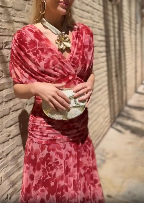 Navy Blue Draped Puff Sleeve Abstract Floral Chiffon Mermaid Maxi Dress