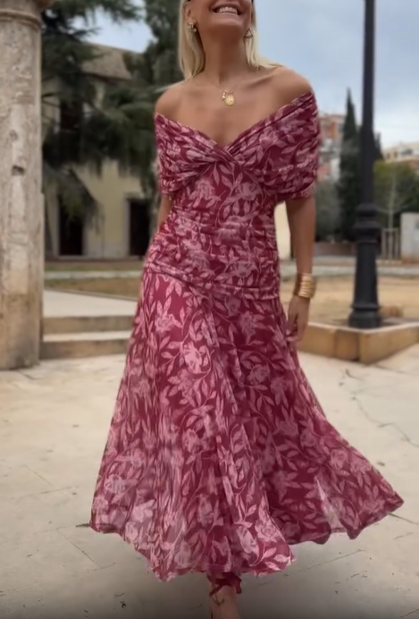 Pink Off‑the‑Shoulder Ruched Floral Chiffon Midi Dress
