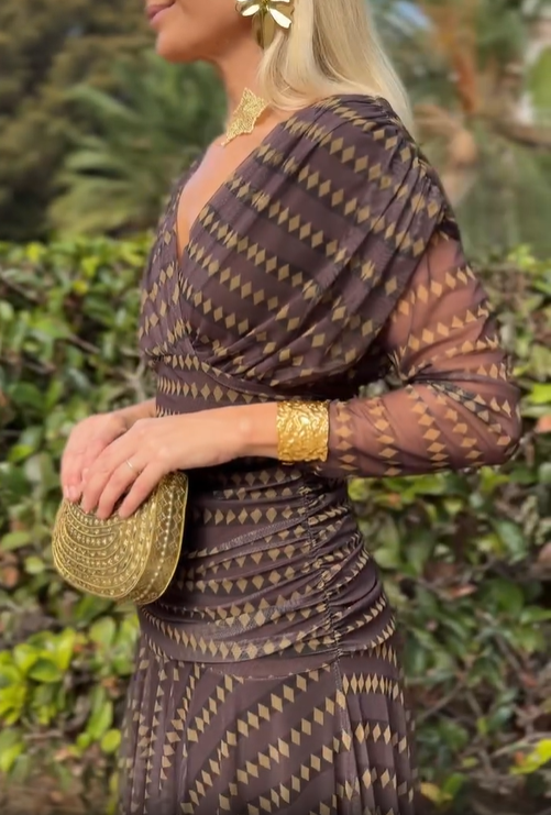 Long‑Sleeve Geometric Print Mesh Chiffon Midi Dress