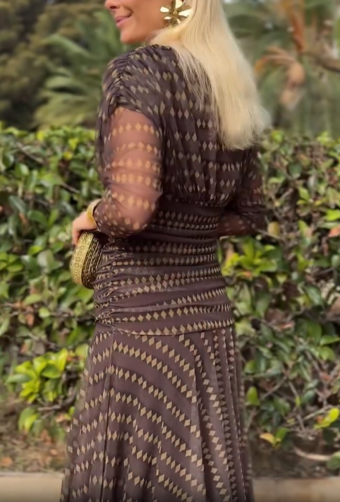 Long‑Sleeve Geometric Print Mesh Chiffon Midi Dress
