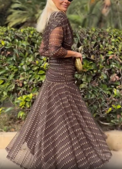 Long‑Sleeve Geometric Print Mesh Chiffon Midi Dress