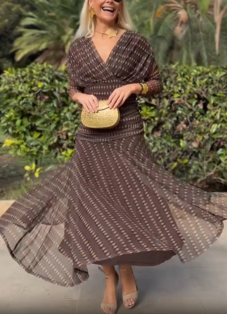 Long‑Sleeve Geometric Print Mesh Chiffon Midi Dress