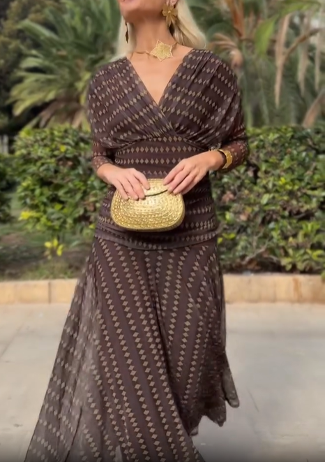 Long‑Sleeve Geometric Print Mesh Chiffon Midi Dress