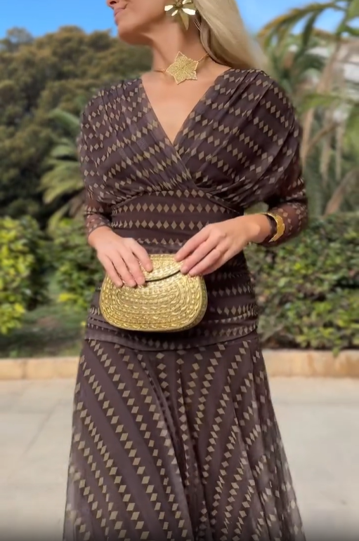 Long‑Sleeve Geometric Print Mesh Chiffon Midi Dress