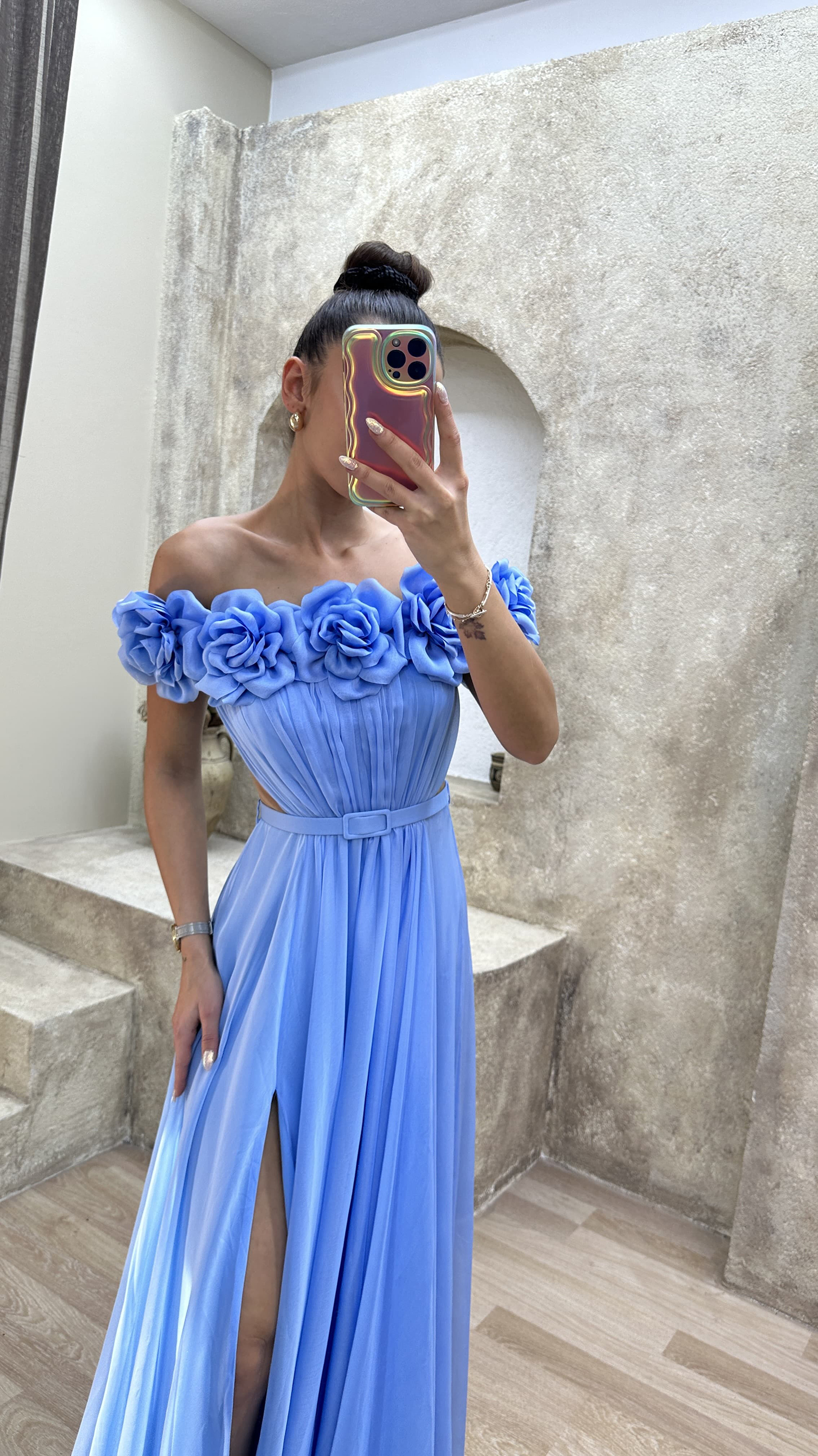 STRAPLESS CHEST ROSE WAIST DETAIL DESIGN EVENING DRESS