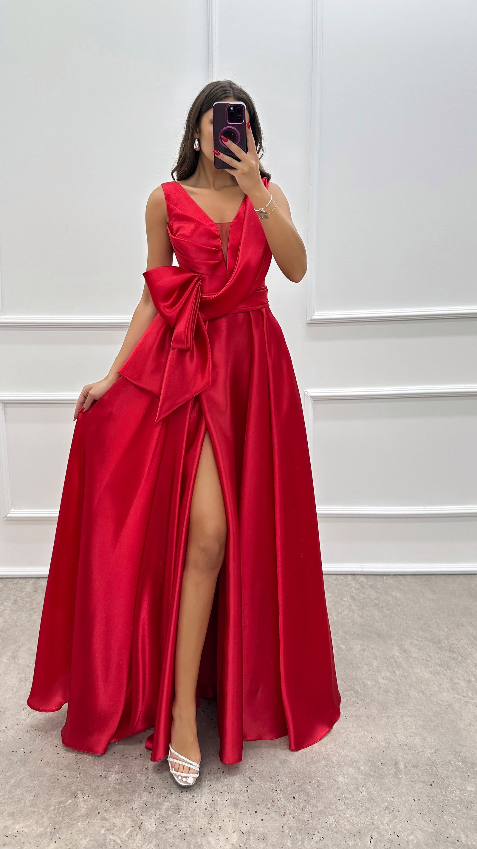 CHEST ASYMMETRICAL CUT WAIST DETAIL SATIN DRESS