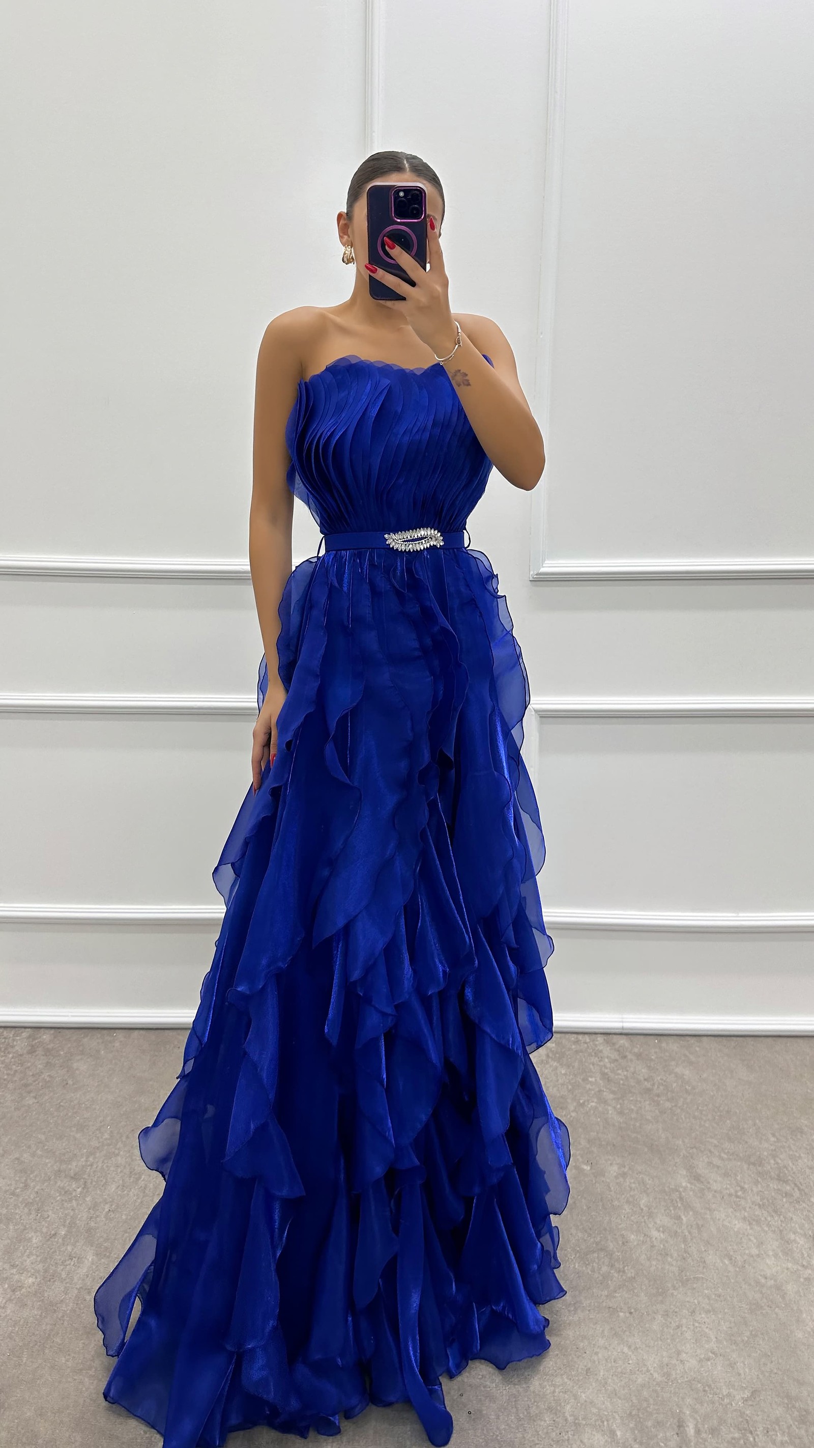 ORANGE STRAPLESS FLYWHEEL DETAIL BELTED EVENING DRESS