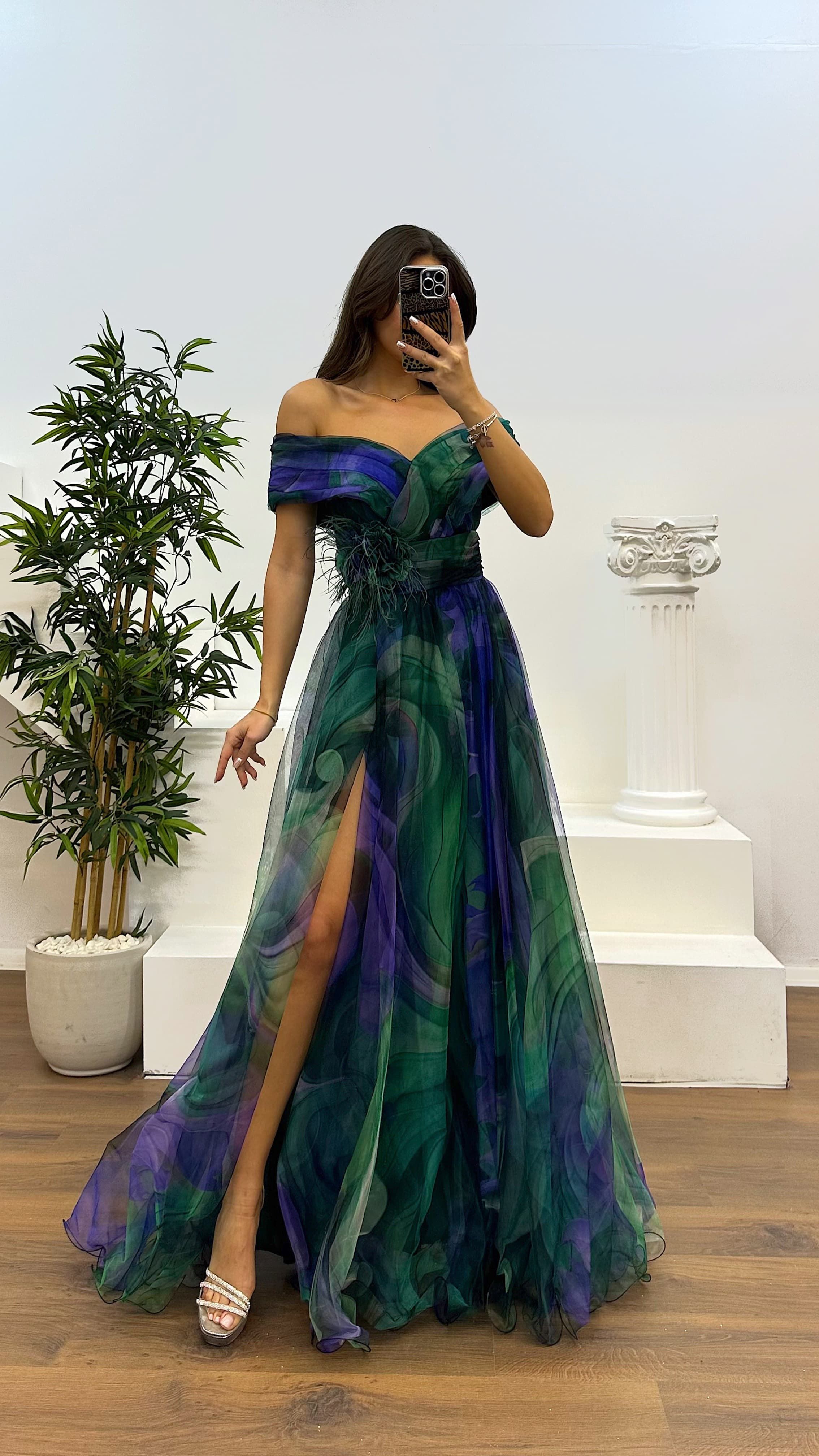 Madonna Neck Patterned Tulle Evening Dress