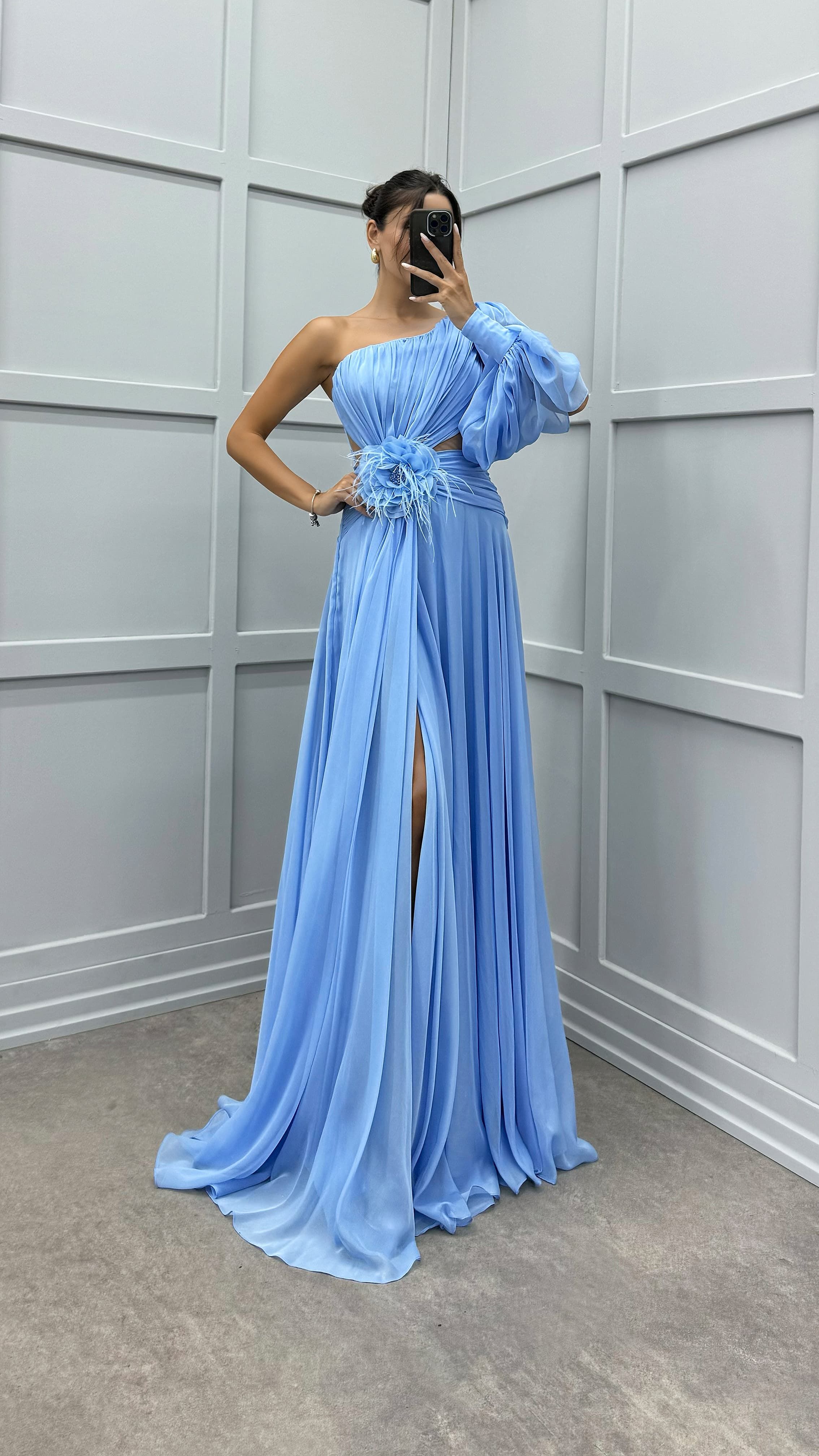 Single Sleeve Waist Sheer Flower Detail Evening Dress