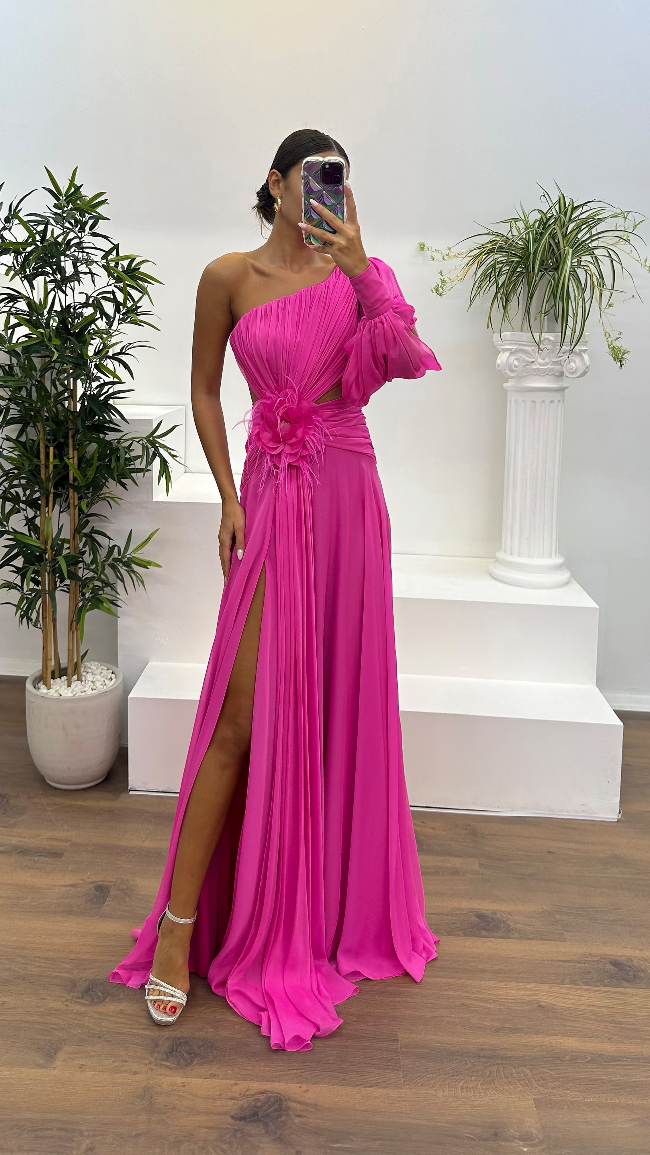Single Sleeve Waist Sheer Flower Detail Evening Dress