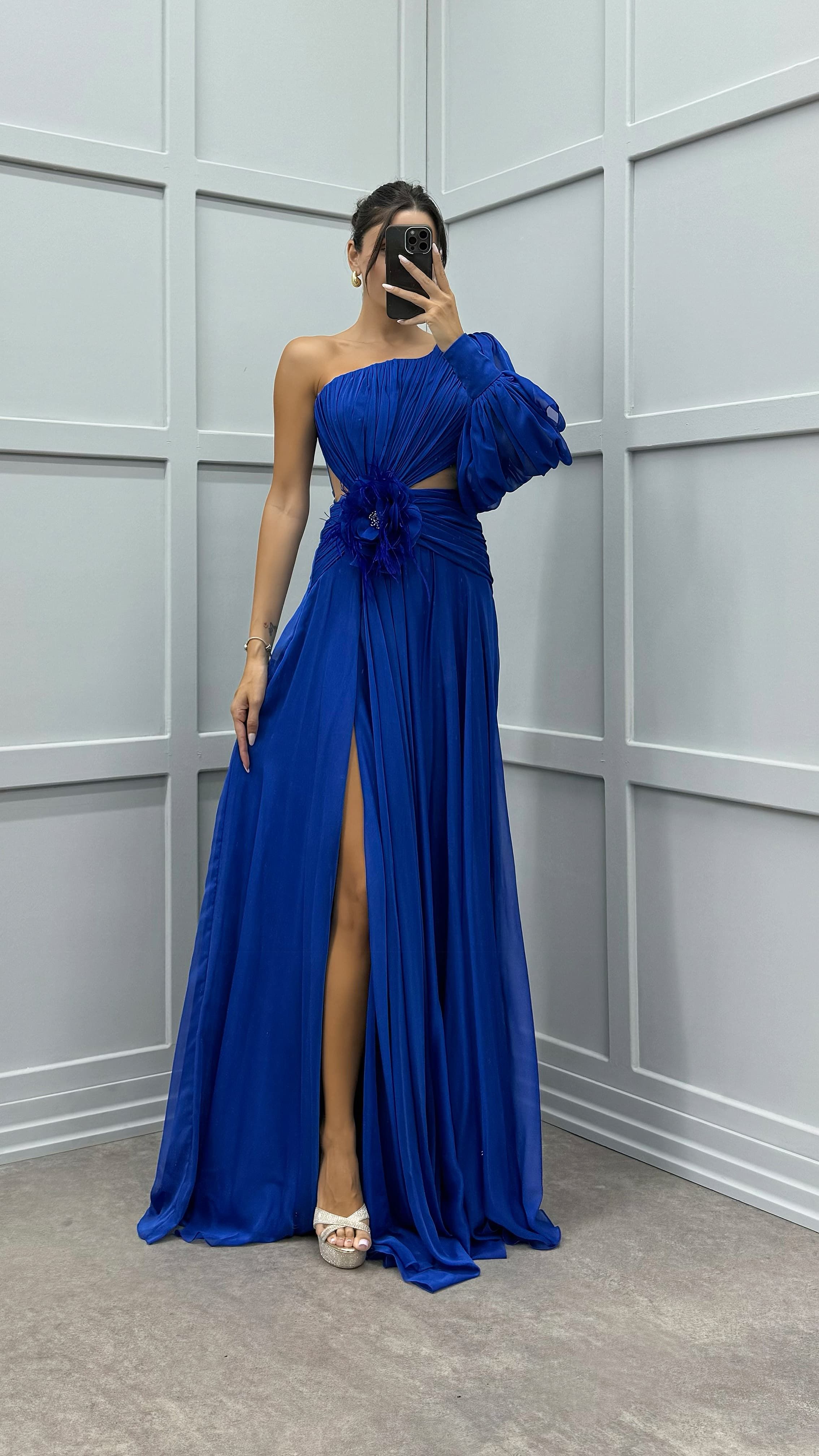 Single Sleeve Waist Sheer Flower Detail Evening Dress