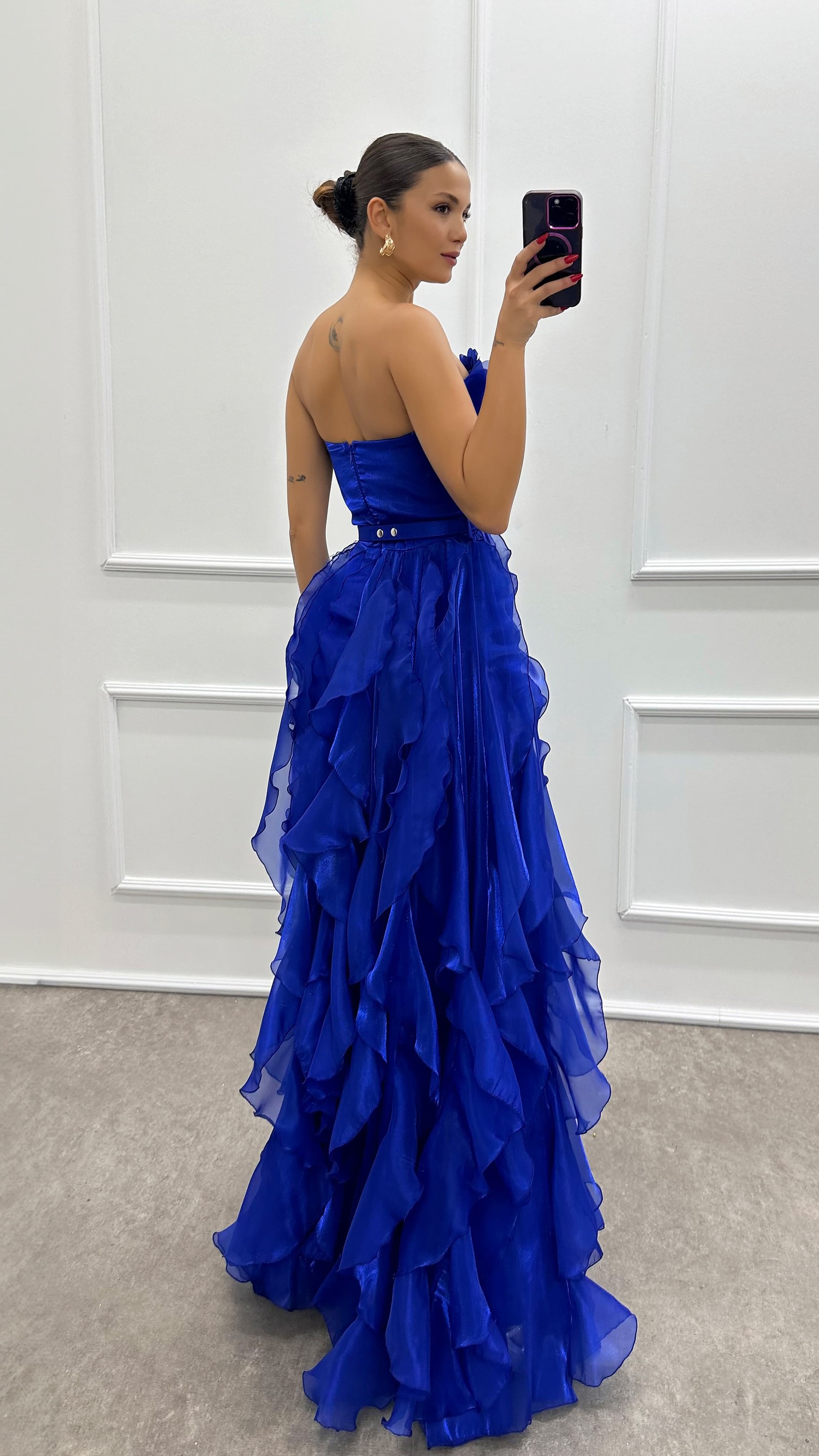 ORANGE STRAPLESS FLYWHEEL DETAIL BELTED EVENING DRESS