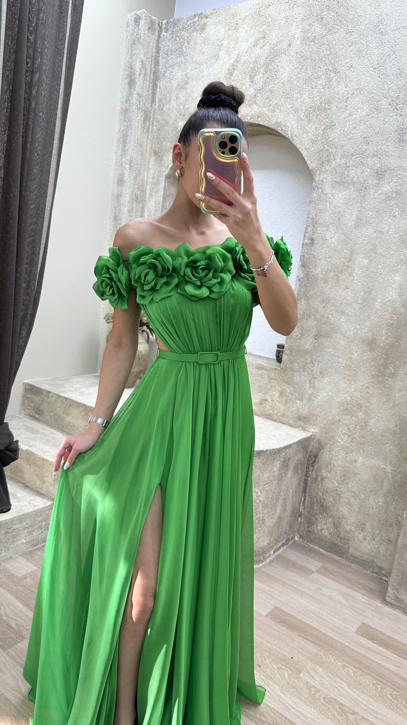 STRAPLESS CHEST ROSE WAIST DETAIL DESIGN EVENING DRESS