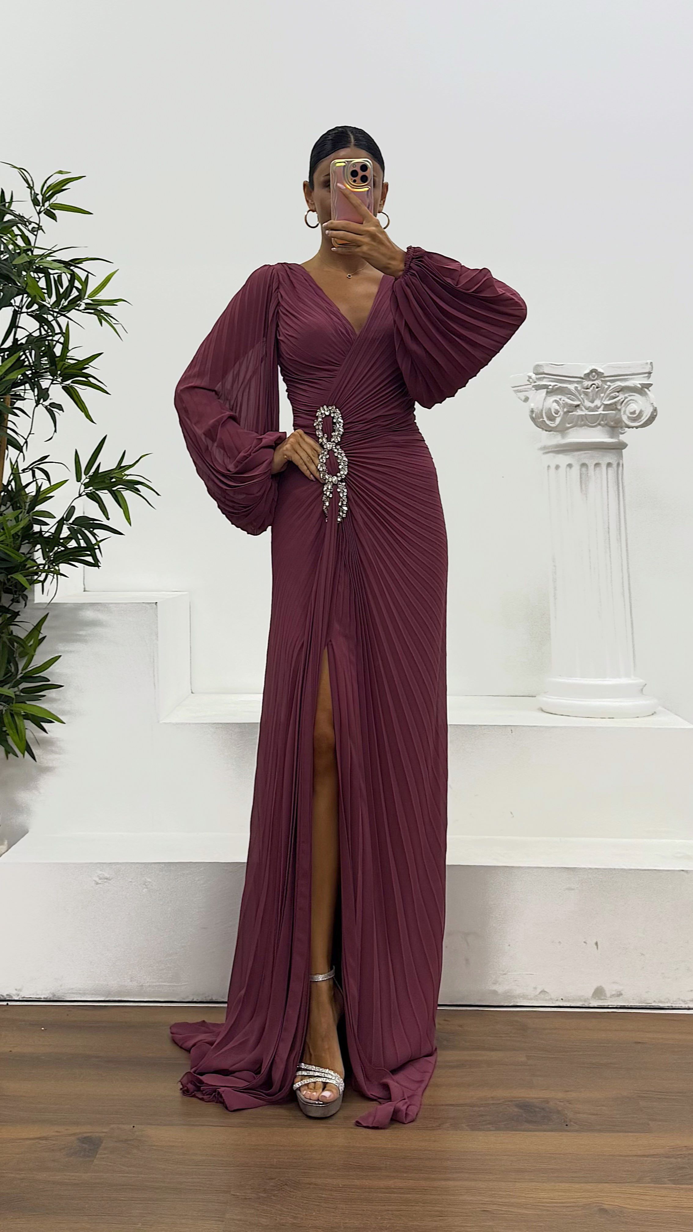 Waist Embroidered Pleated Evening Dress