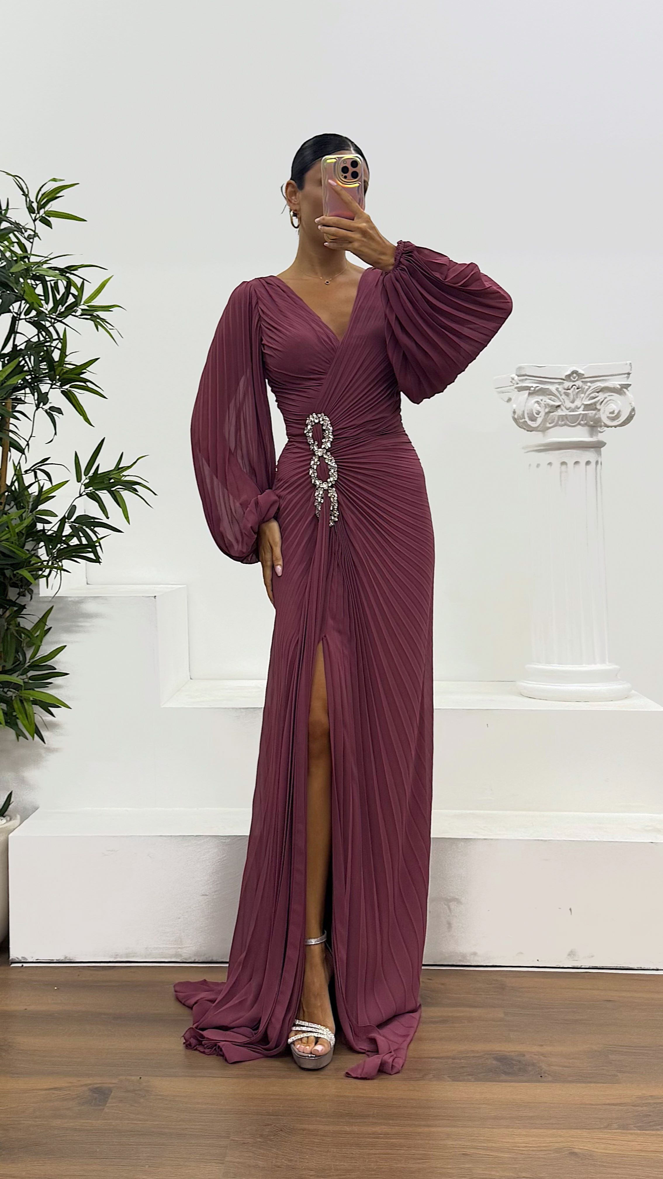 Waist Embroidered Pleated Evening Dress