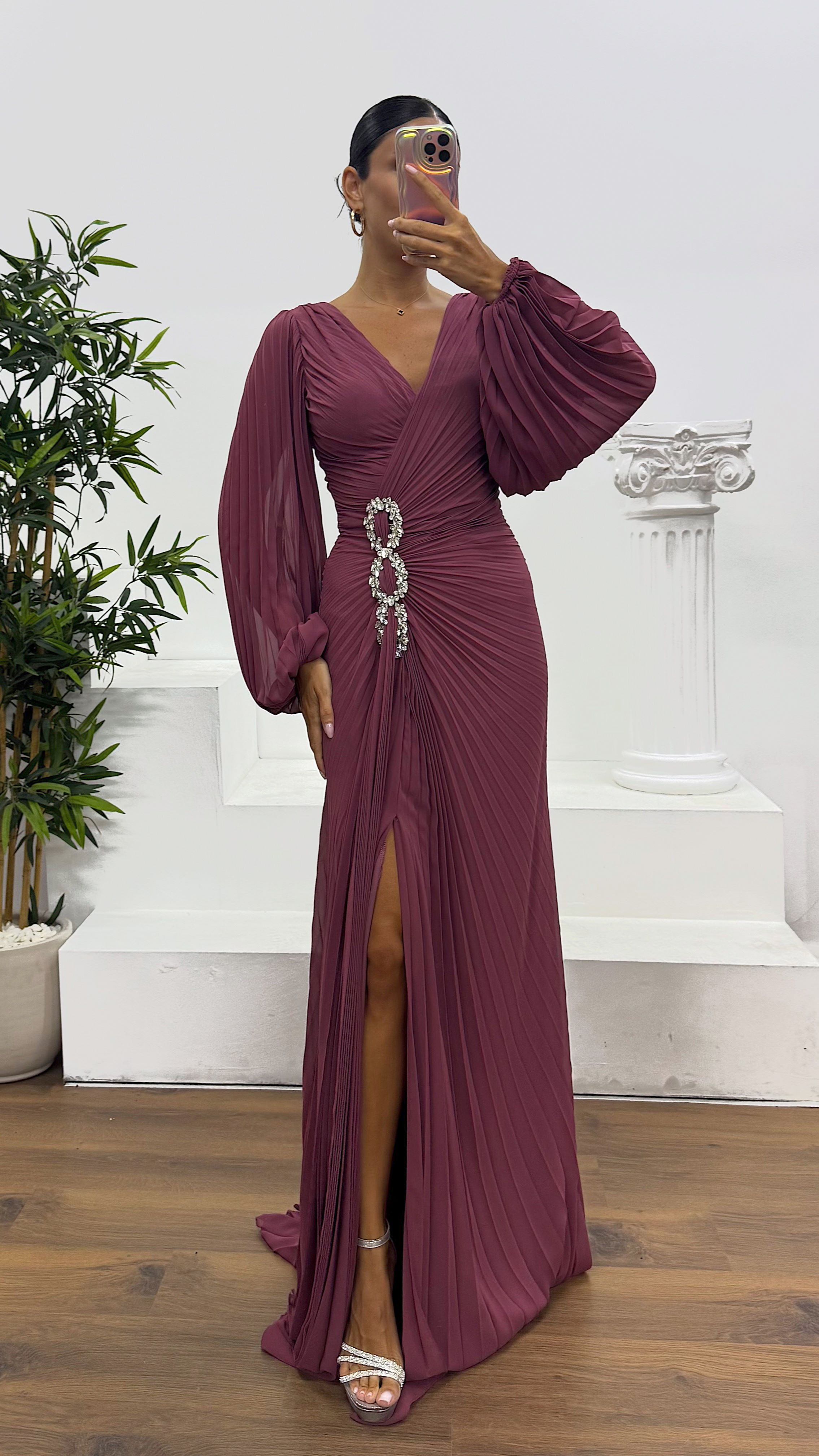 Waist Embroidered Pleated Evening Dress