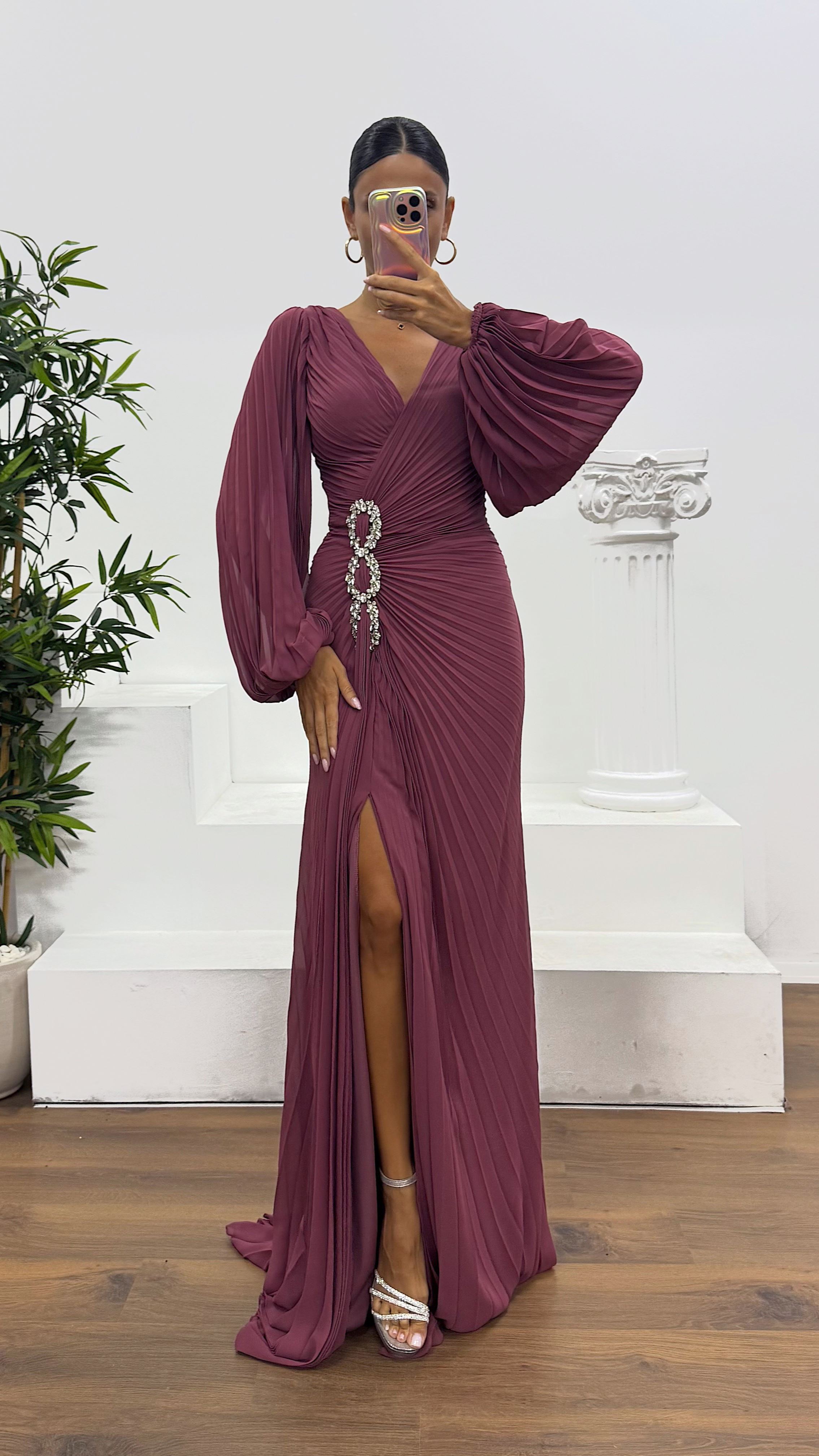 Waist Embroidered Pleated Evening Dress