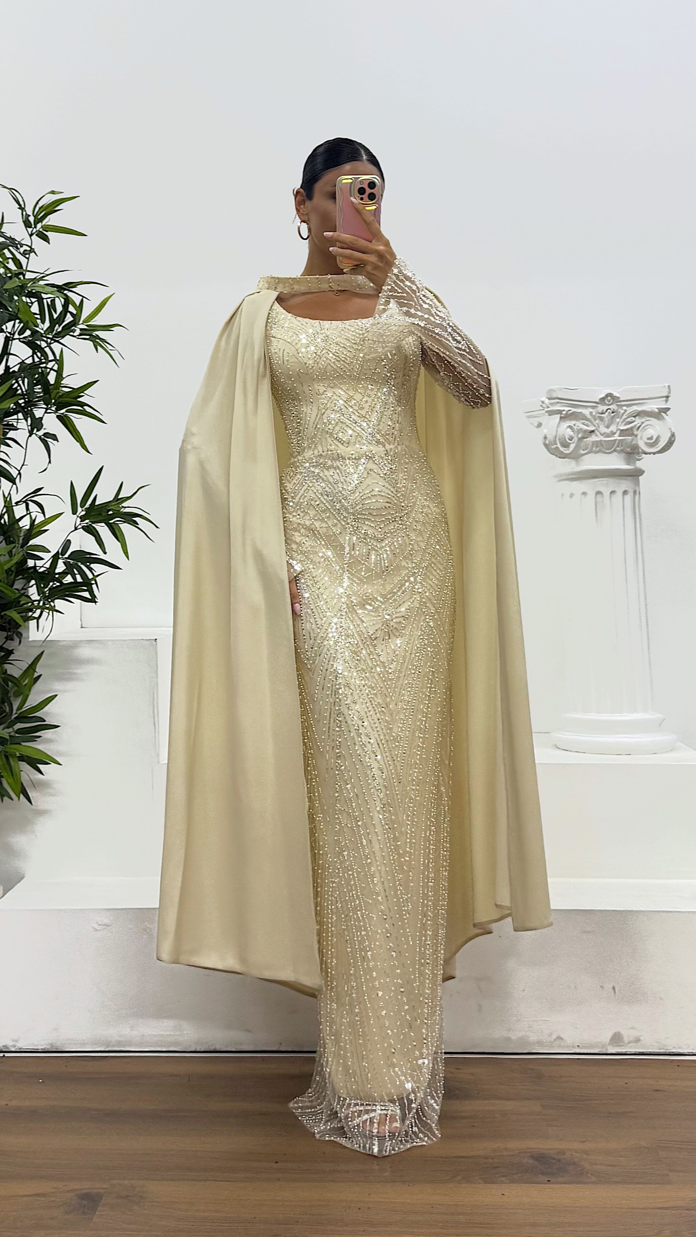 Cape Embroidered Evening Dress