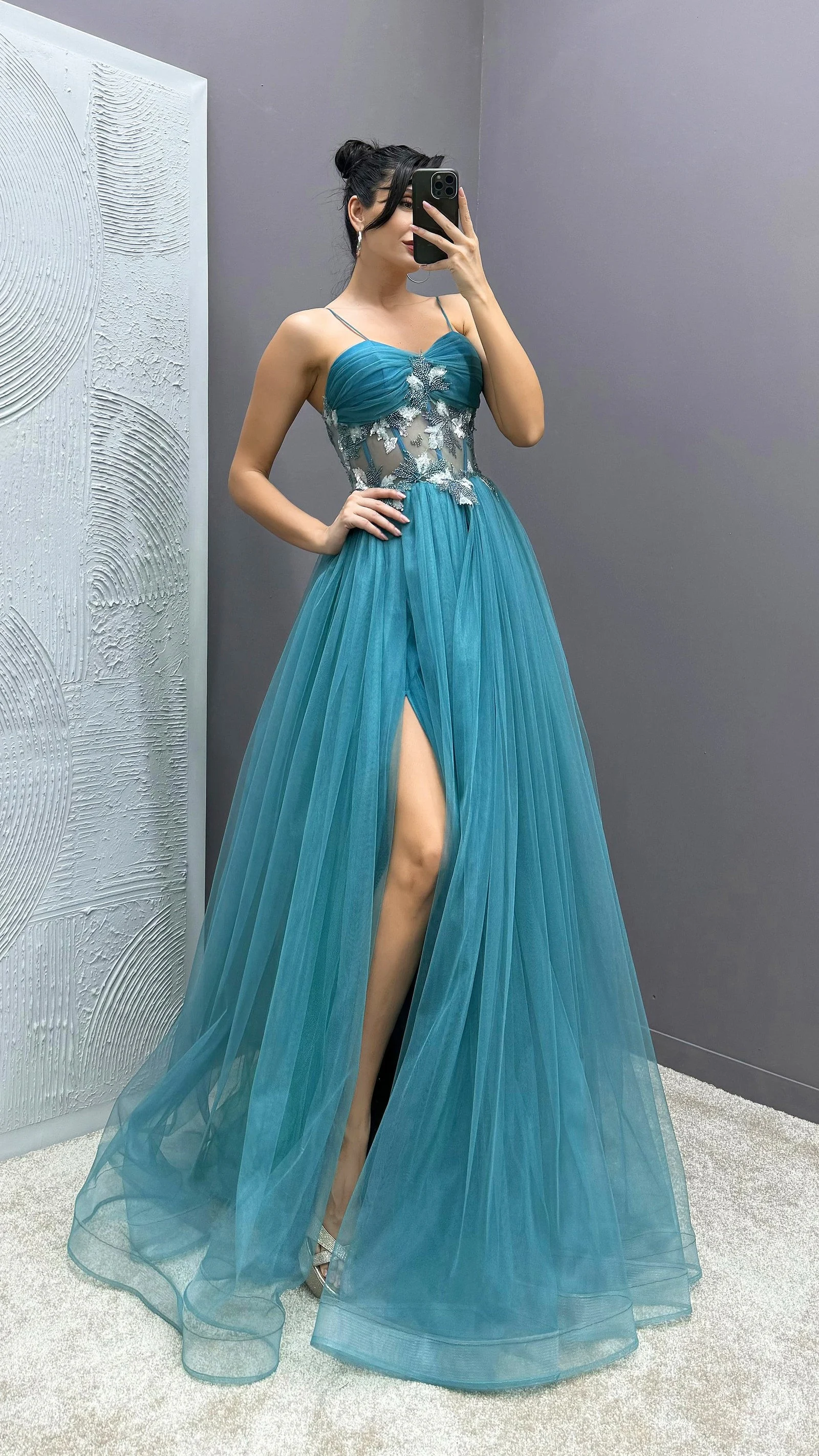 Rope Strap Waist Detail Transparent Tulle Evening Dress
