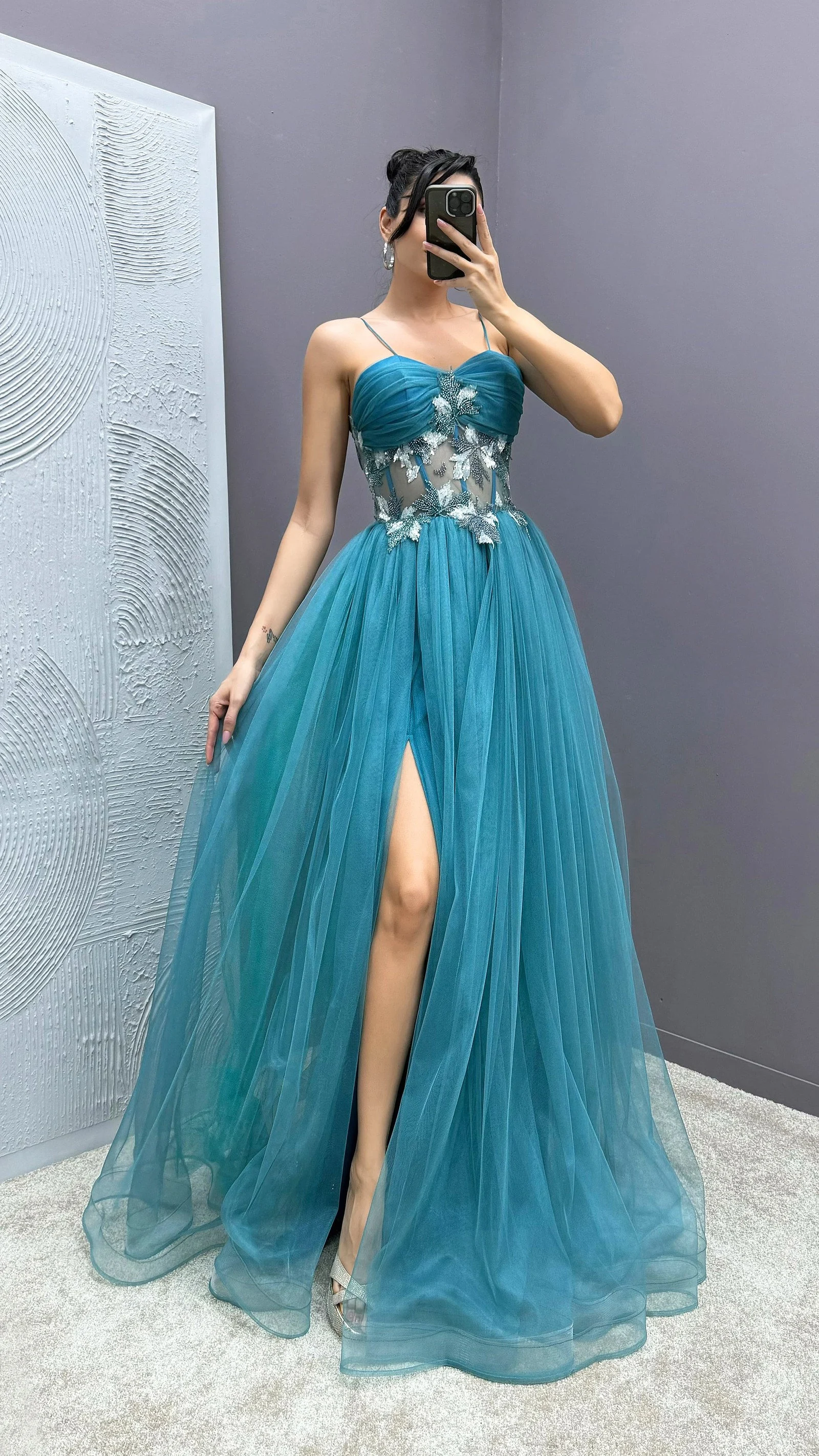 Rope Strap Waist Detail Transparent Tulle Evening Dress