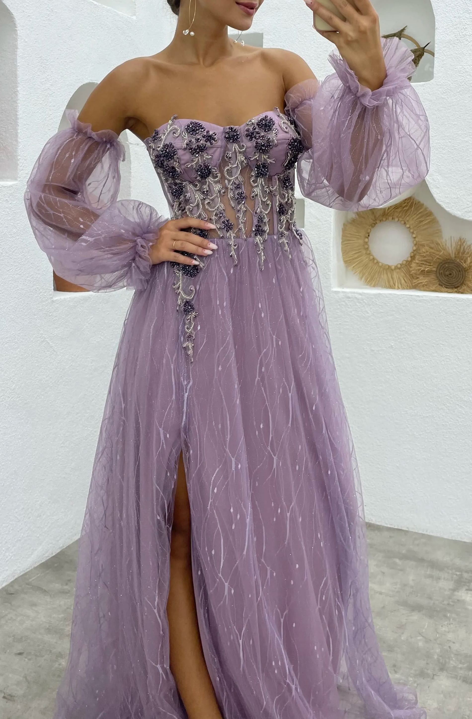 EMBROIDERY DETAIL TULLE EVENING DRESS