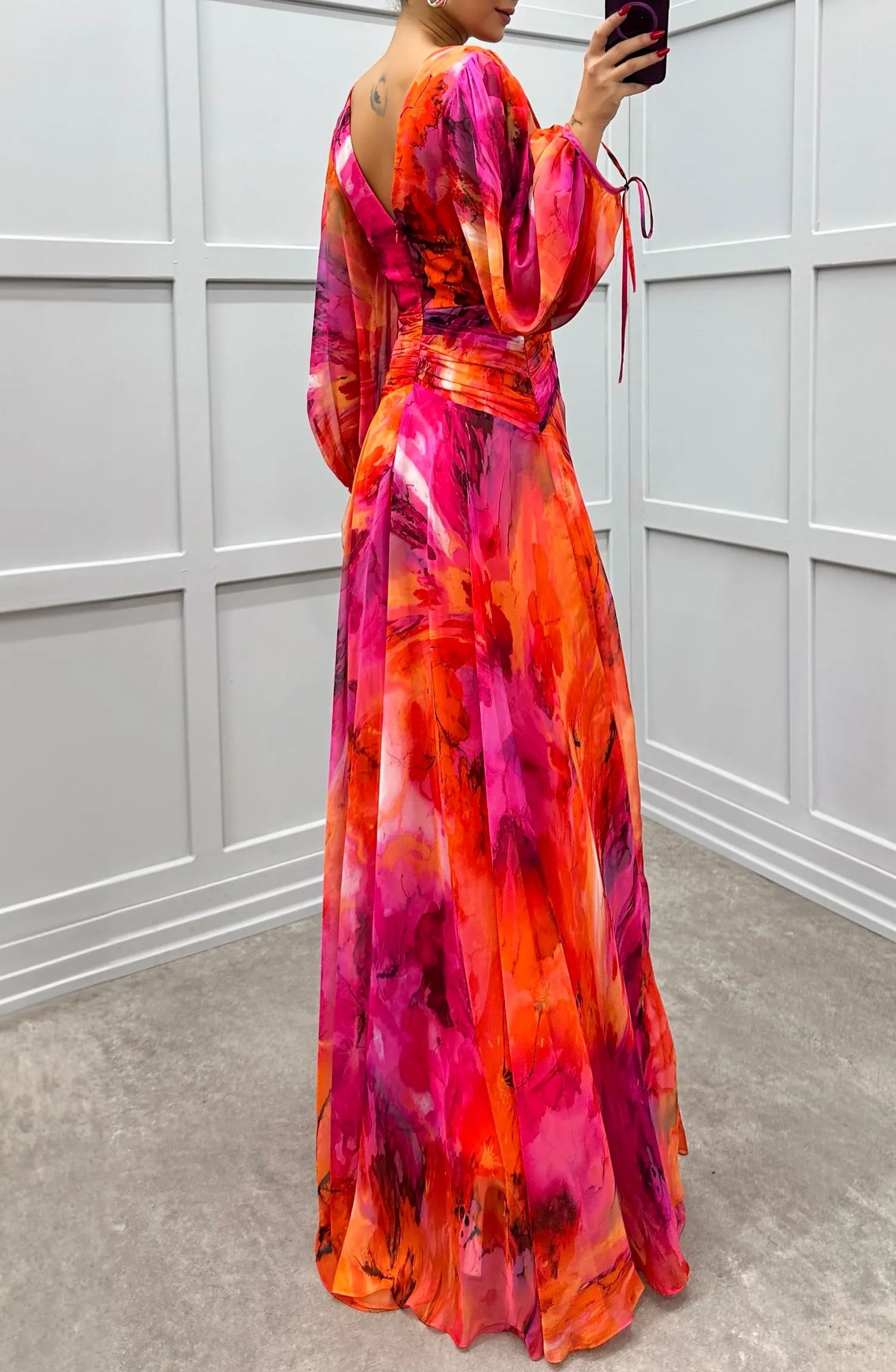 ORANGE BALLOON SLEEVE WAIST DETAIL PATTERNED CHIFFON DRESS