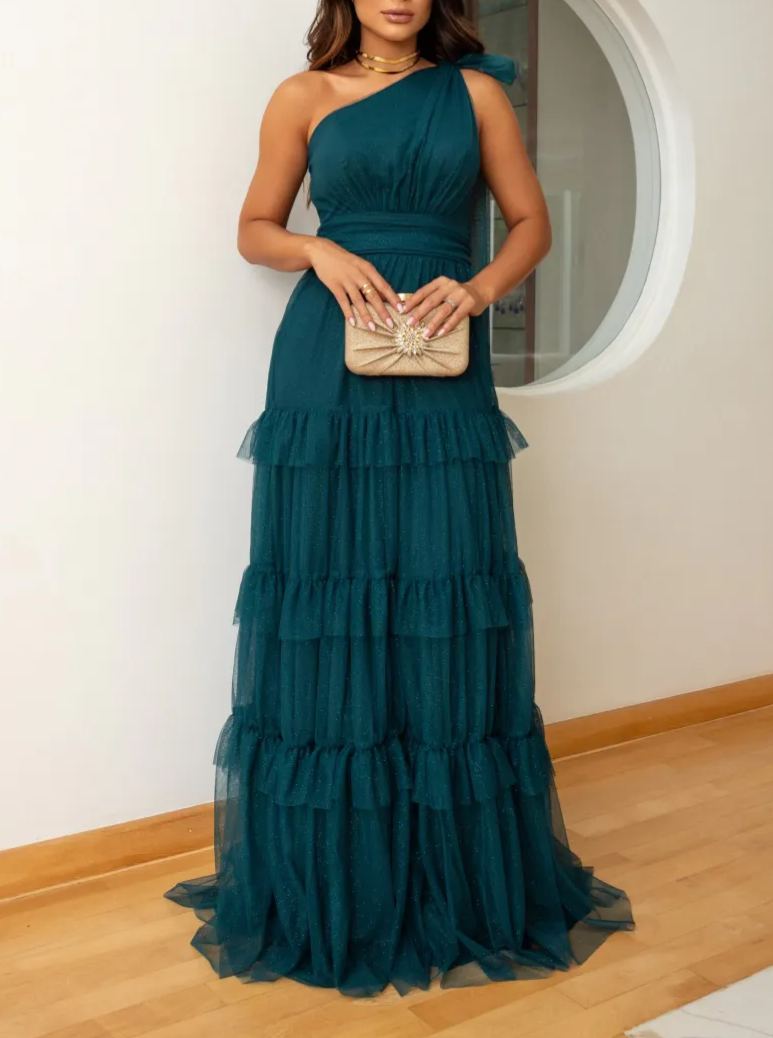 One-Shoulder Tiered Evening Gown