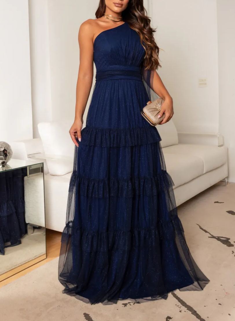 One-Shoulder Tiered Evening Gown