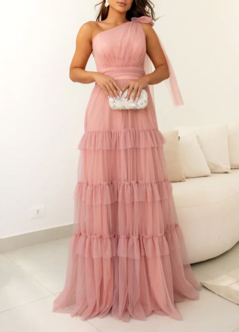 One-Shoulder Tiered Evening Gown
