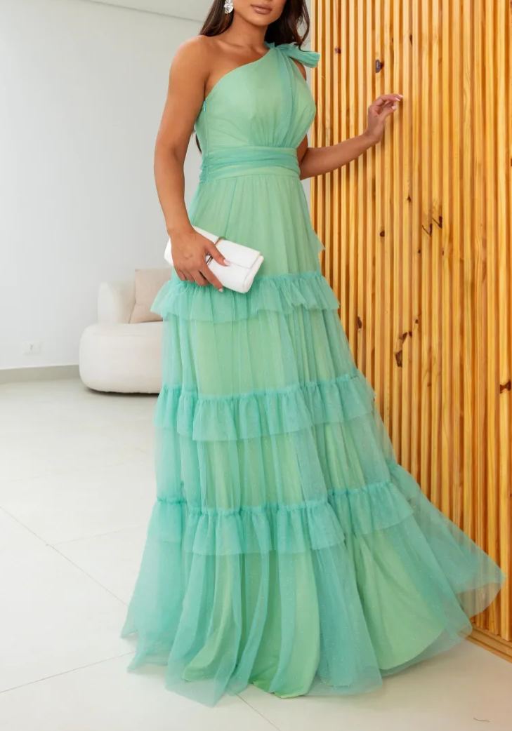 One-Shoulder Tiered Evening Gown