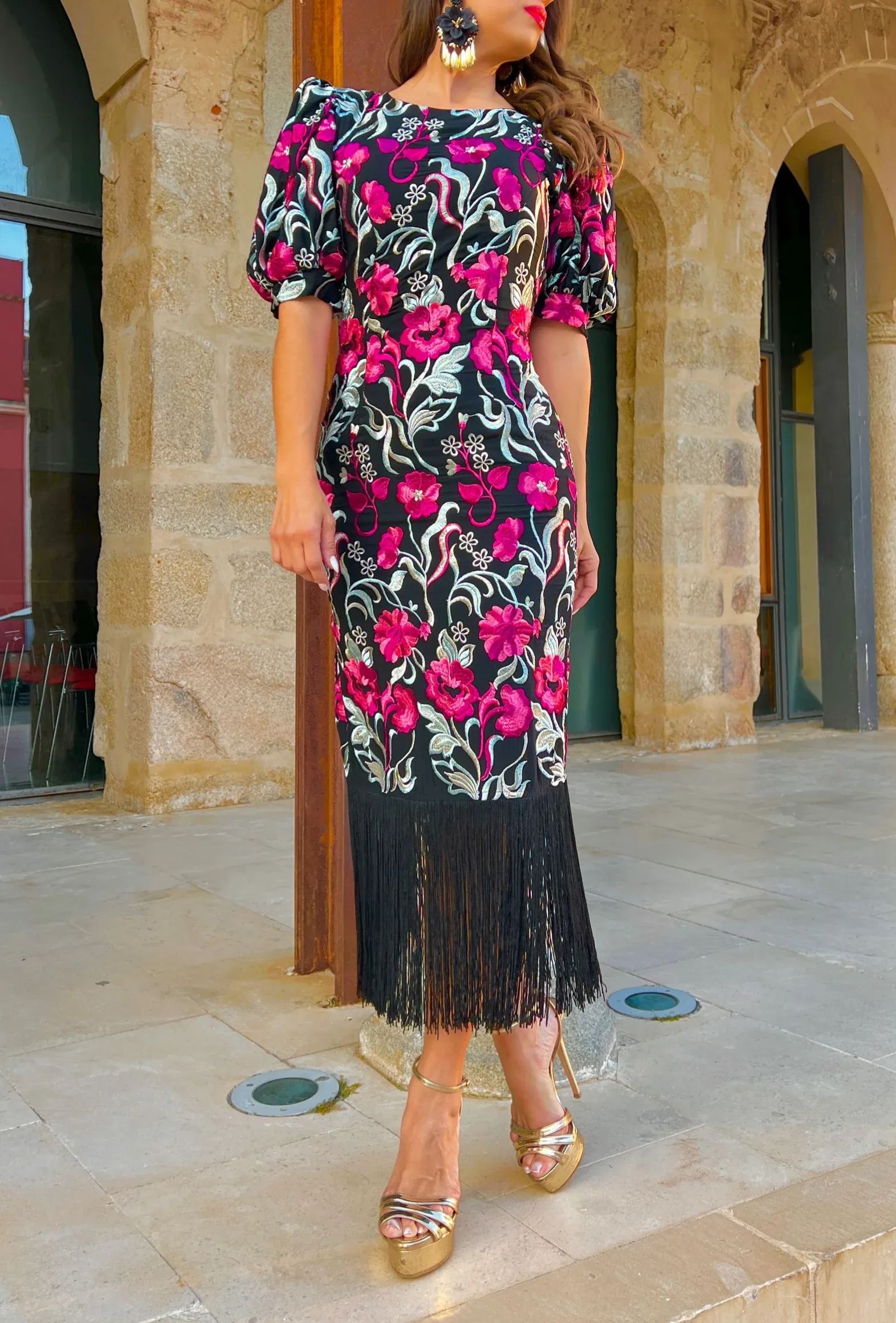Black Floral Fringe Cocktail Dress