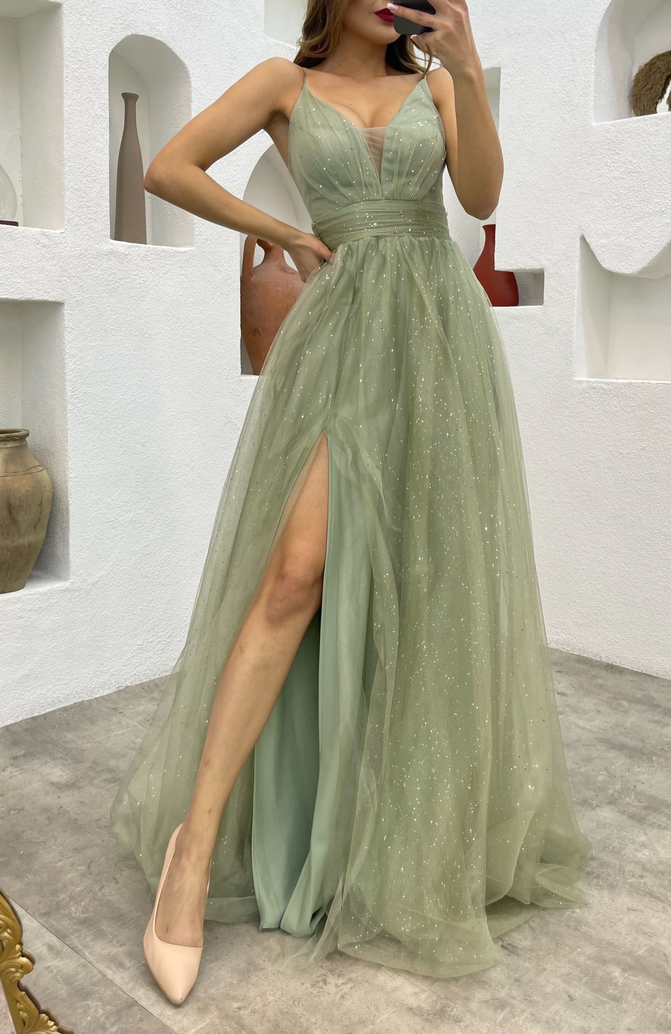 Rope Strap Draped Glittery Tulle Evening Dress