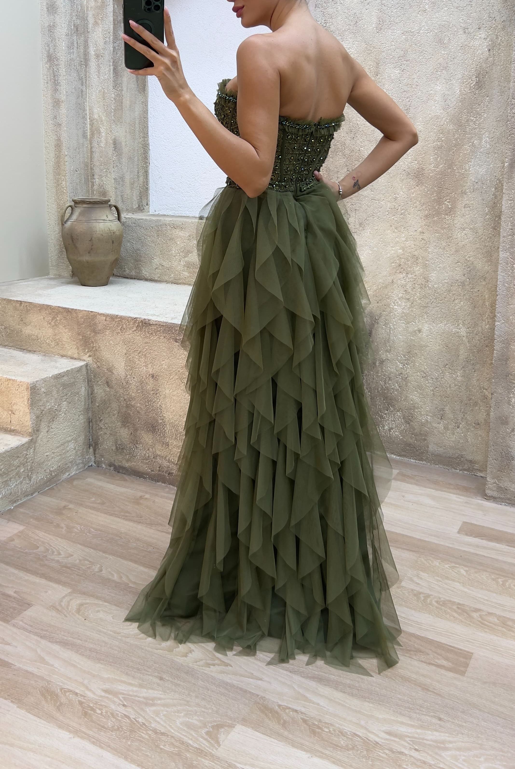 Rope Strap Tulle Evening Dress with Embroidered Ruffle Skirt