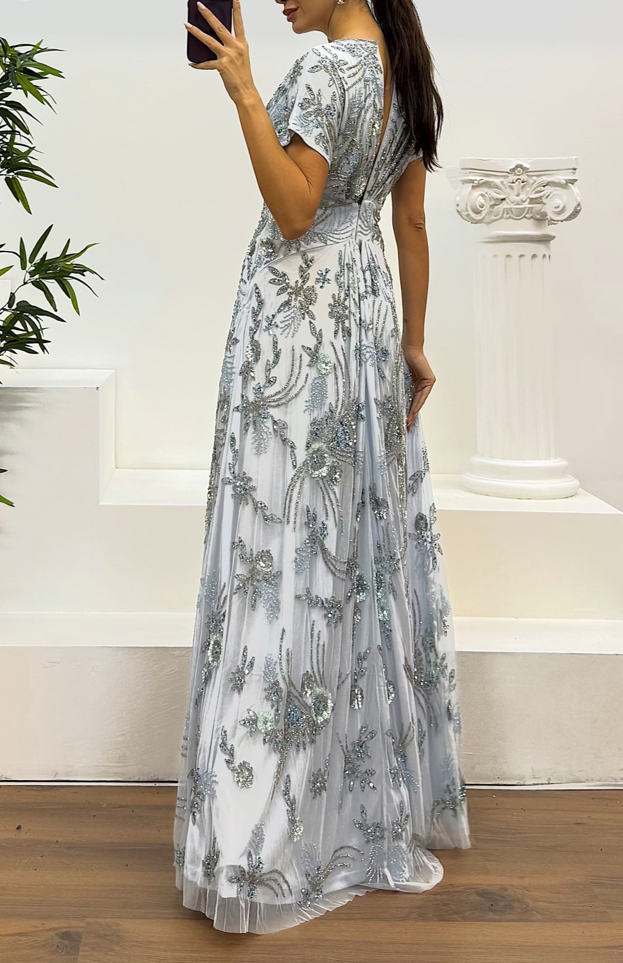 Back Detail Hand Embroidered Design Evening Dress