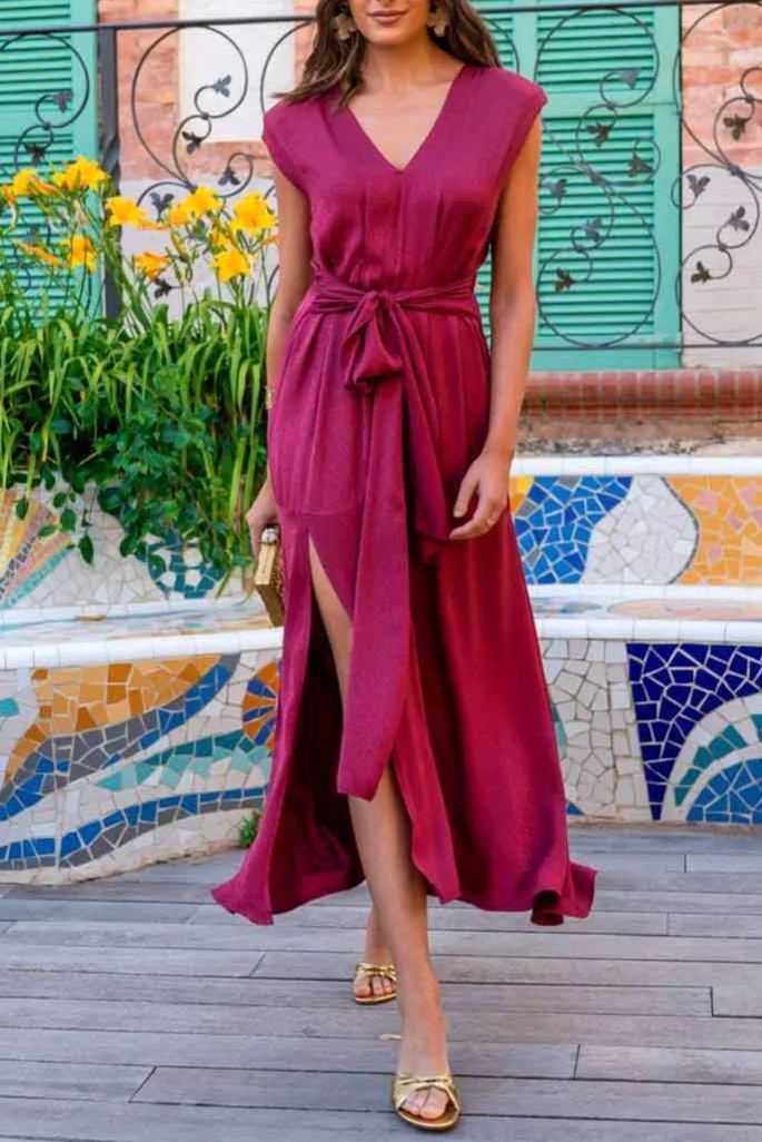 Burgundy satin tie-front slit dress