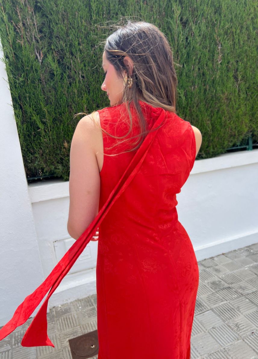 Red satin fringe halter dress