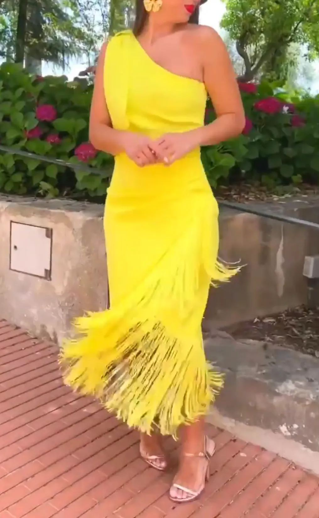 One-Shoulder Fringe-Trimmed Dress